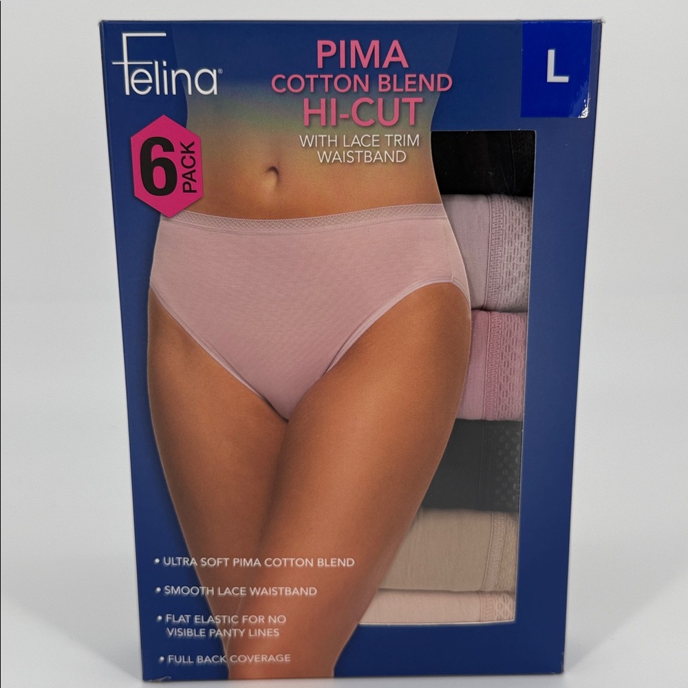 Felina Ultra Soft Pima Cotton Blend Hi-Cut Panties Lace Trim WaistBand 6-Pack L